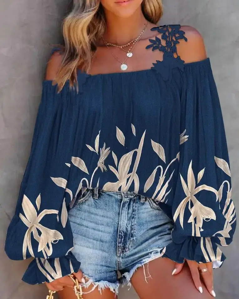 Women's Blouse Tops New Casual Plants Print Lace Patch Cold Shoulder Top 2022 Fashion Female Shirt for Women Clothing