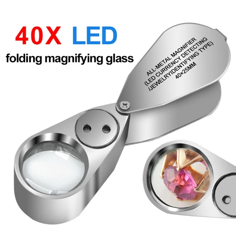 

Full Metal Jewelers Foldable Loupe 40X Illuminated Magnifier with LED UV Light Pocket Folding Jewelry Loop