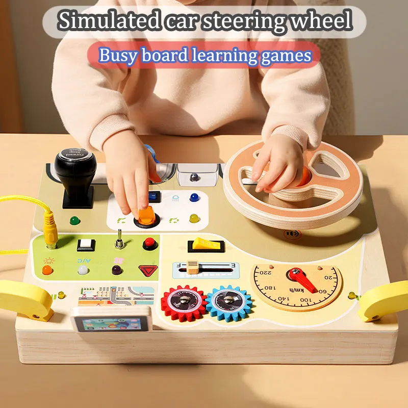 Montessori Busy Board with LED Light Switch & Car Steering Wheel – Sensory Travel Activity Toy for Kids 2