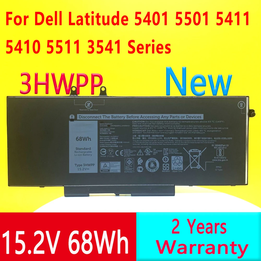 Nova 3hwpp 10x1j N2nll Substituição Bateria para Latitude 5501 5401 5511 5510 5411 5410 Rpc 3541 3551 3550 Bateria do Portátil 15.2 v 68 wh