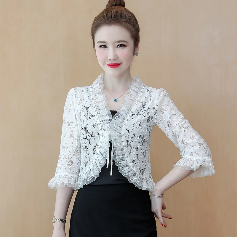 5325 여름 기모노 재킷, 여성용 가디건, 3/4 소매, 섹시한 얇은 레이스 코트, 여성용 다이아몬드 불규칙 레이스 재킷, 빈티지