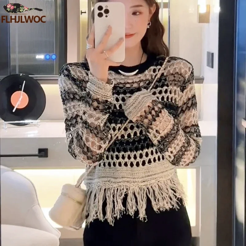 

Женский трикотажный свитер в полоску, вязаный пуловер в японском стиле с бахромой и оборками, с вырезами, на новый год