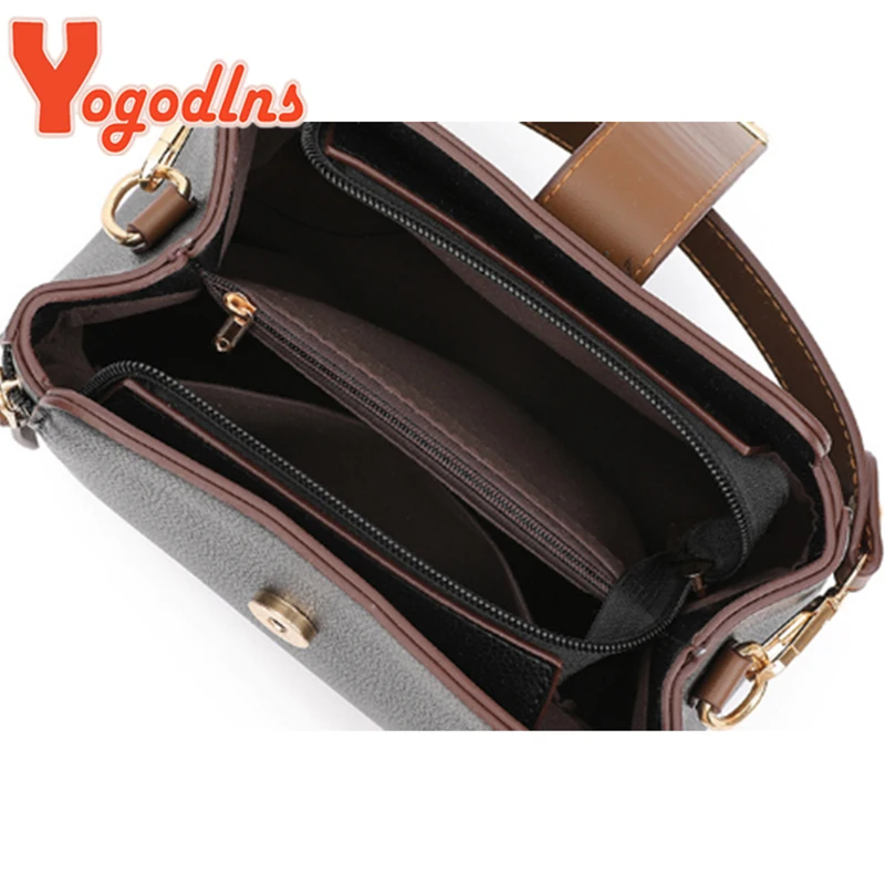 Yogodlns Luxury Splicing Handbag For Women PU Leather Bucket Shuolder Bag Fashion Handle Bag Brand Shopping Mommy Crossbody  Bag