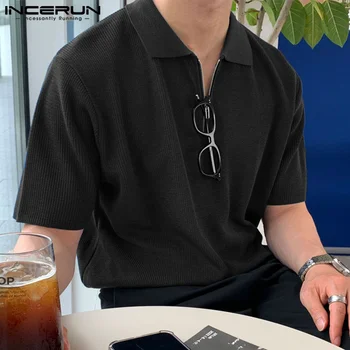 INCERUN 남성용 니트 핏 지퍼 셔츠, 한국 스타일 상의, 편안한 라펠 넥 블라우스 S-5XL, 패션 스트리트웨어, 단색, 2024