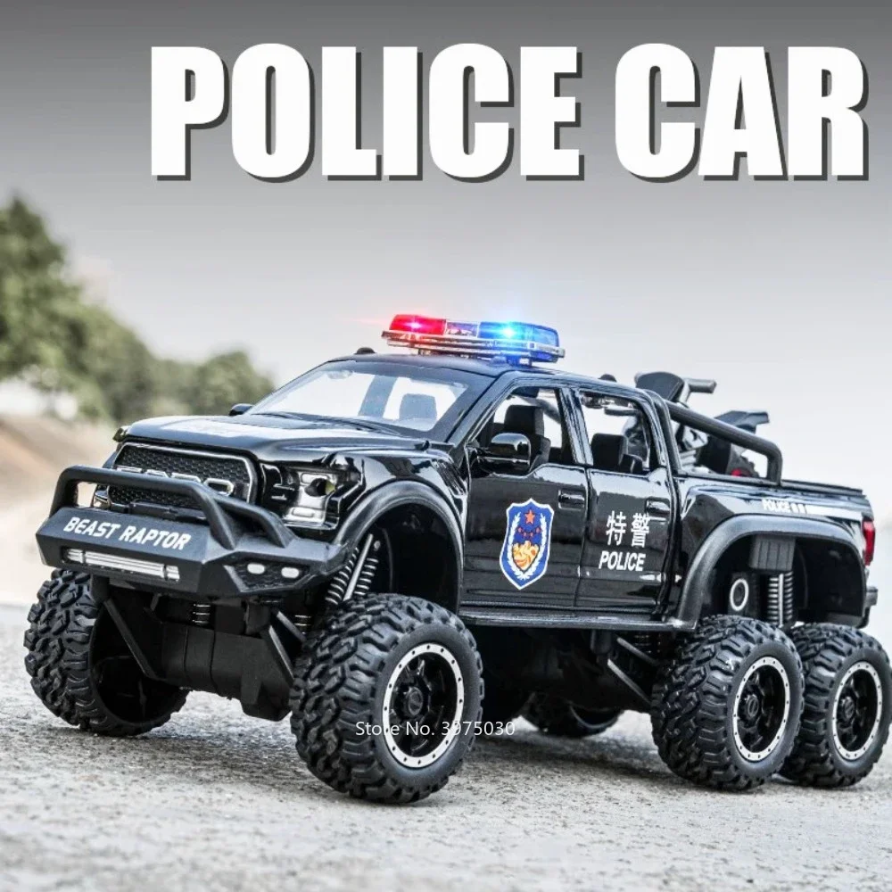 1:28 Raptor 6X6 F-150 Alloy Off Road Police Cars Toy Model Diecast Doors Opened Sound Light Pull Back Vehices Gifts for Children