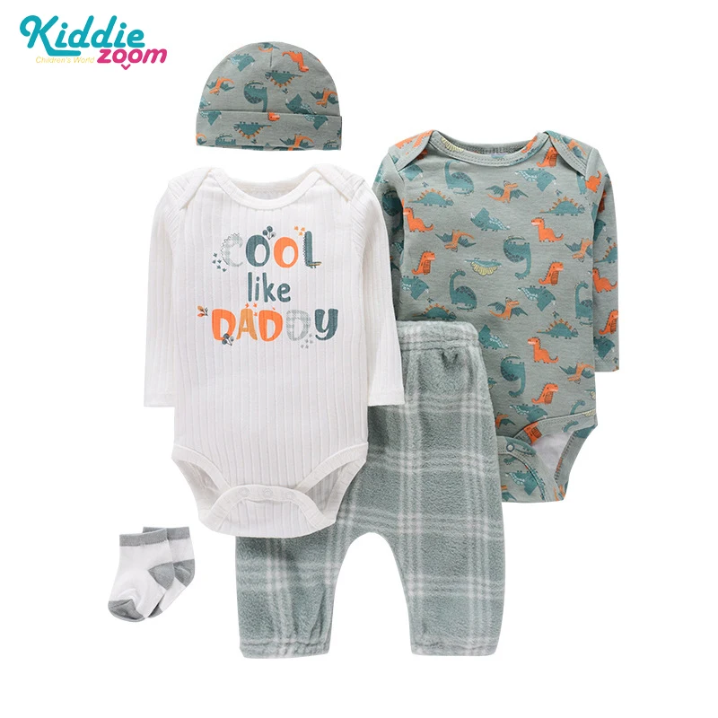 

Kiddiezoom 5Pcs/set Baby Boy Fall Clothes 2022 Casual Toddler Boy Outfits Jumpsuit+Pants+Cap+Socks Cotton Costume for 0-12M Girl