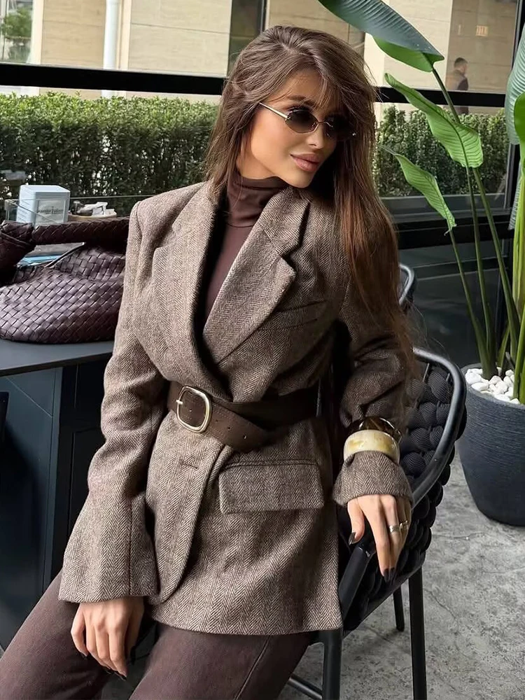 2025 Vintage Women's Blazer Jacket Chic Fashion Twill With Belt Blazers Casual Coat Female High Street Loose New In Outerwear