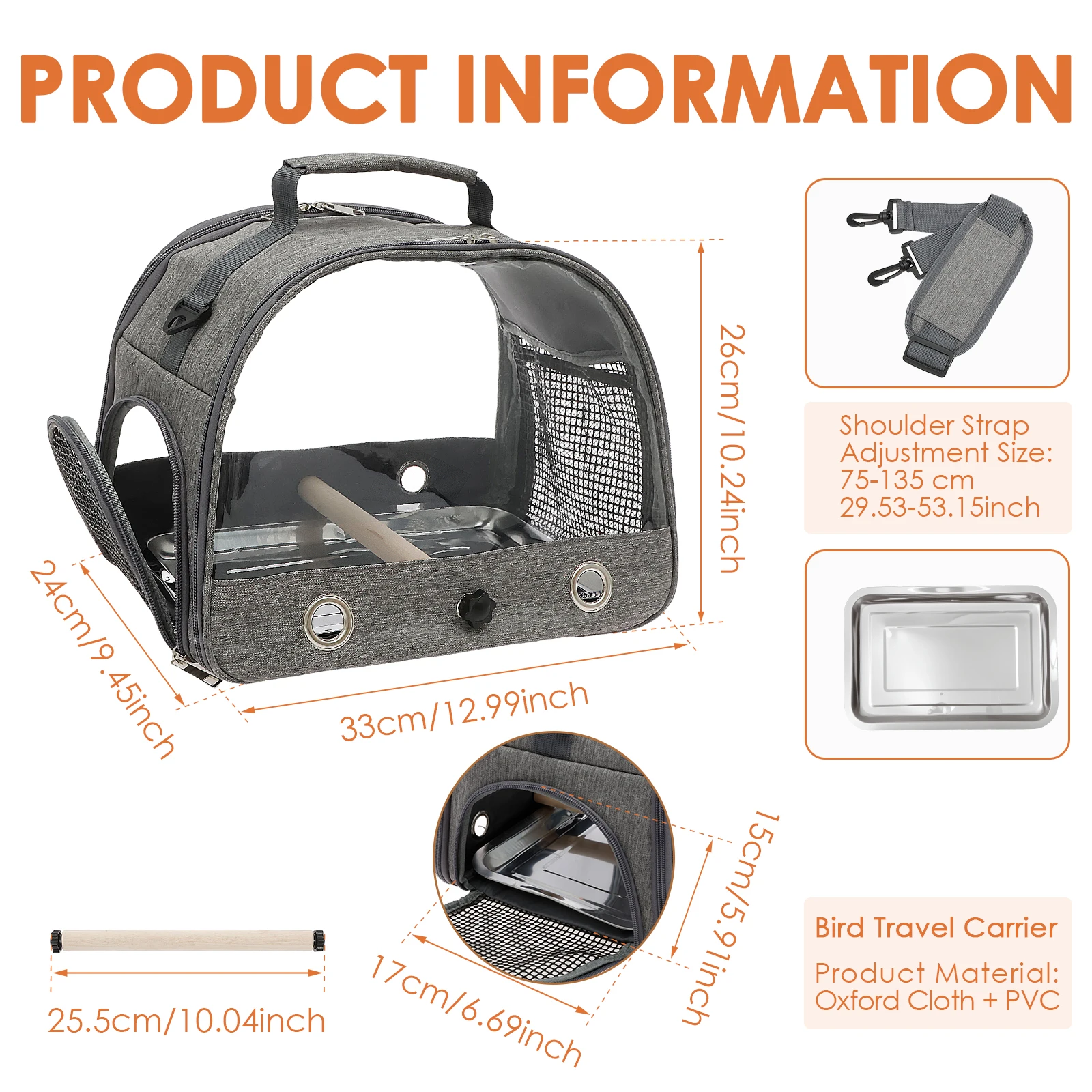 Portable Bird Travel Carrier Bag with Stainless Steel Tray