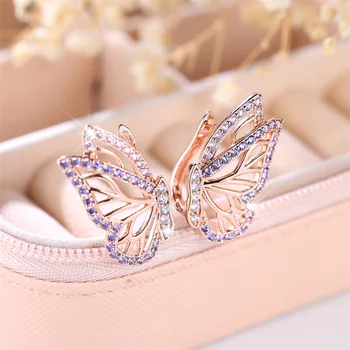 Purple Crystal Pink Zircon Butterfly Hoop Earrings For Women Vintage Rose Gold Color Ear Buckle Wedding Jewelry Engagement Gift