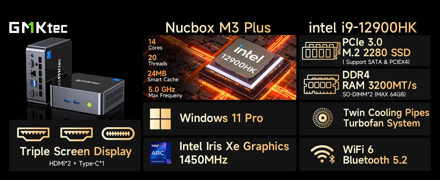 GMKtec M3 Plus Intel i9-12900HK Mini PC Windows 11 2x DDR4
