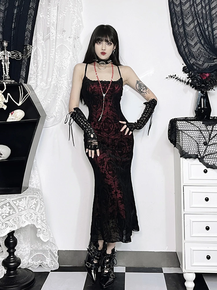 

InsGoth Gothic Cross Flocking Sling Fishtail Dress Women's Retro Velvet Cold Shoulder Spaghetti Strap Wedding Party Dress