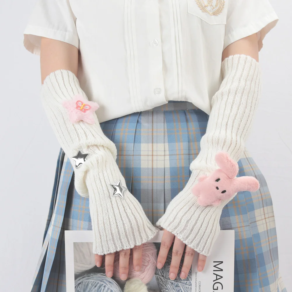 Fingerless Gloves 1 Pair Korean Long Cute Fingerless Gloves Women Mitten Arm Warmer Kawaii Knitted Sleeve Girls Anime Clothes Lolita Soft Gloves
