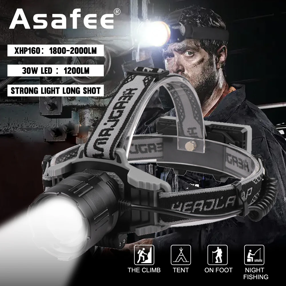 

Asafee Multifunctional XHP160 Headlight TYPE-C Rechargeable Strong Light Display Headlight 30W White Laser Headlight