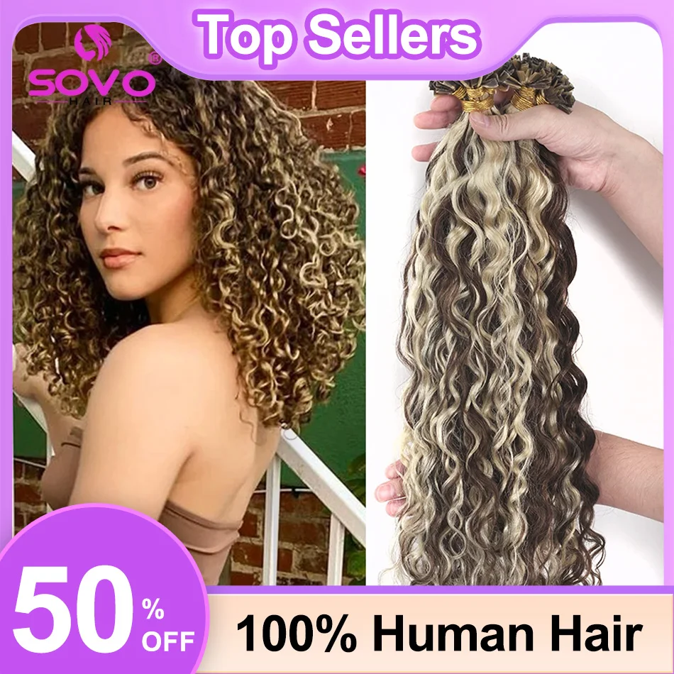 

P4/613# V Tip Hair Extensions Water Wave Hot Fusion Vtip Ombre Medium Brown Mixed Natural Blonde Indian Remy Human Hair Balayage