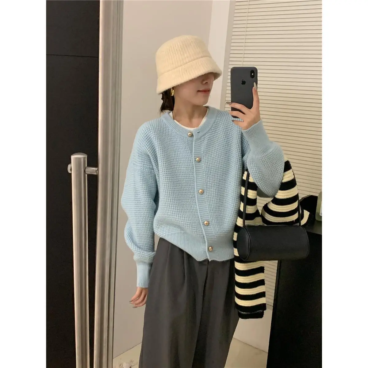 

Женский трикотажный кардиган, элегантный однотонный кардиган с круглым вырезом, модель V20 в Корейском стиле на весну и осень, 2023