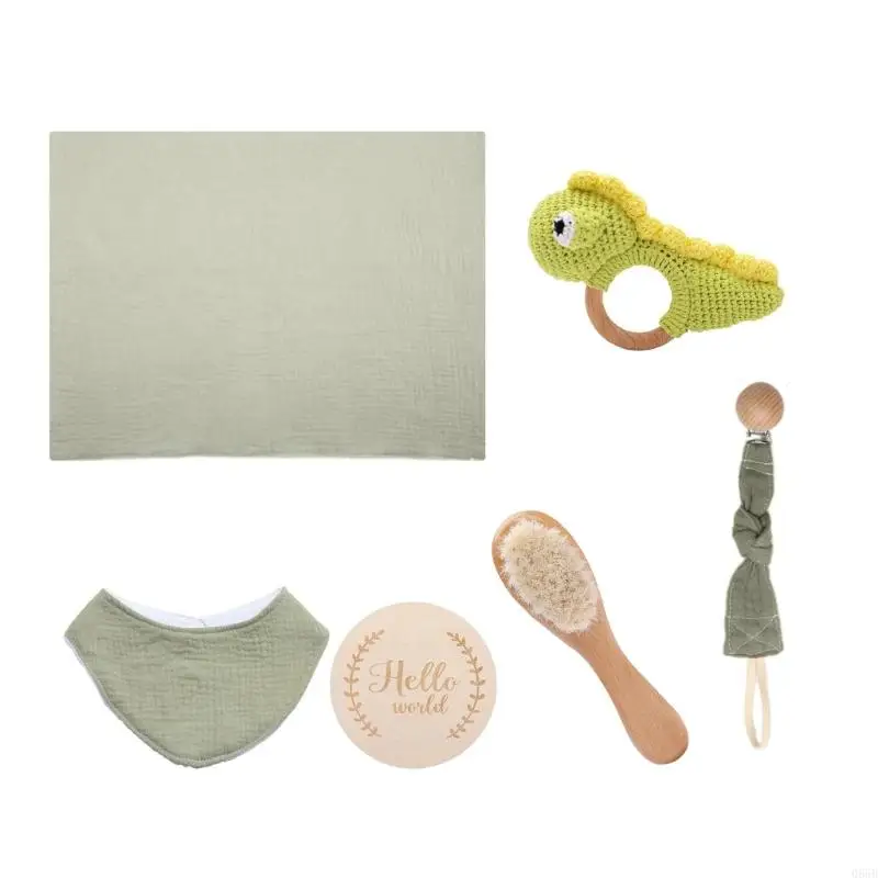 Baby Gift Box Set for Boys Girls Includes Wrap Blanket Rattle Pacifier Clip Chain Brush and Wooden Round Board