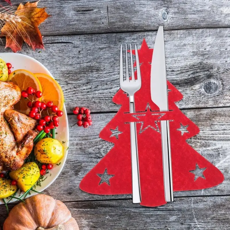 Cookware Organizer Table Decor Knife and Fork Holder Cutlery Bag 4PCS Christmas Elk Xmas Tree Pocket Non-woven fabric