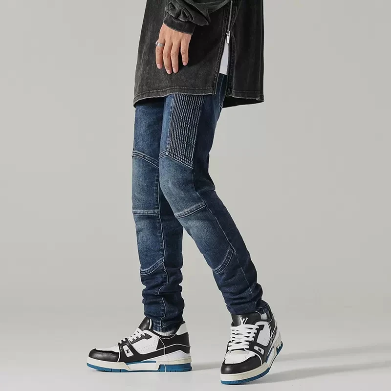 High Street Fashion Men Jeans Retro Blue Spliced Designer Elastic Slim Fit Biker Jeans Men Wrinkle Patched Hip Hop Pants Hombre