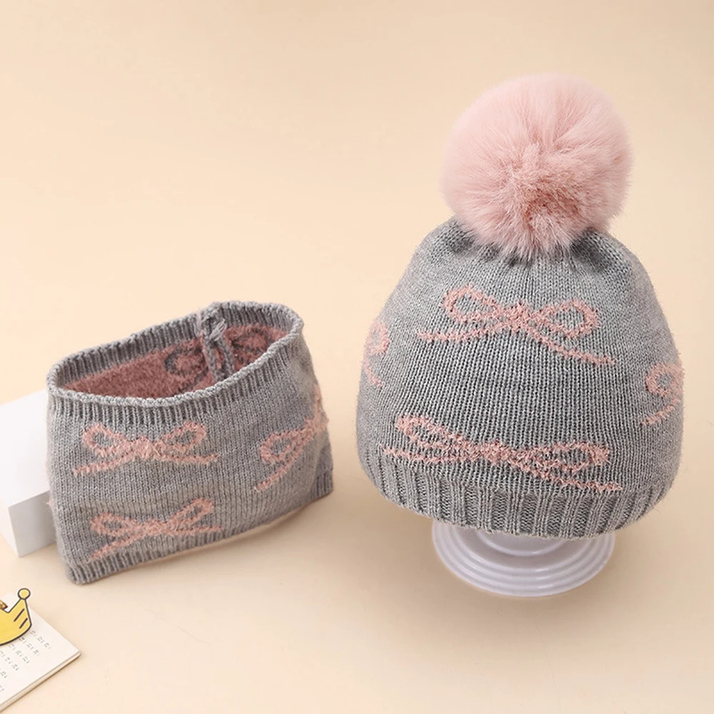 Winter Baby Hat Scarf Set Jacquard Bow Plush Warm Caps Sweet Girls Infant Beaines For Kids 6-36 Month