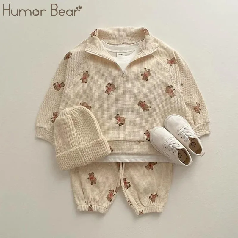 

Humor Bear Spring and Autumn New Boys and Girls' Cartoon Little Bear Casual Sweater Waffle Two Piece Set Cute Childrens Wear