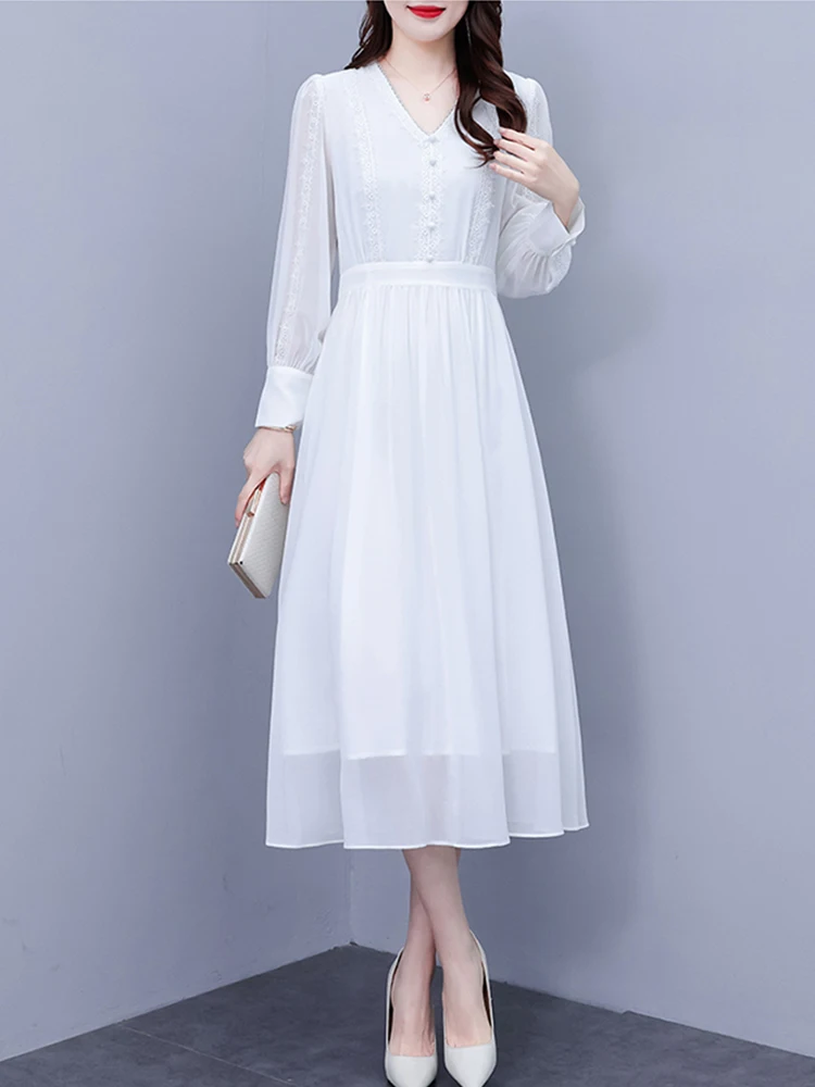 WYWMY año vestido blanco mujer moda Casual cuello pico encaje manga larga  negro elegante vestidos de fiesta para mujeres bata mujer 220317