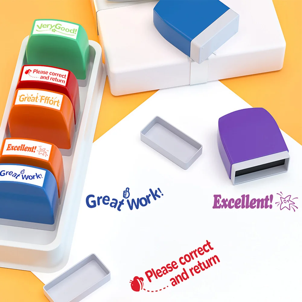 8Pcs Motivation Stamps with Tray Self-inking Grading Stamps Feedback Encouraging Comments School Supplies for Teacher