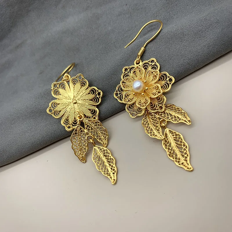 Chinese Style Vintage 999 Full Silver Freshwater Pearl Gold Plated Filigree Inlaid Earrings for Women Party Hanfu Cheongsam Gift