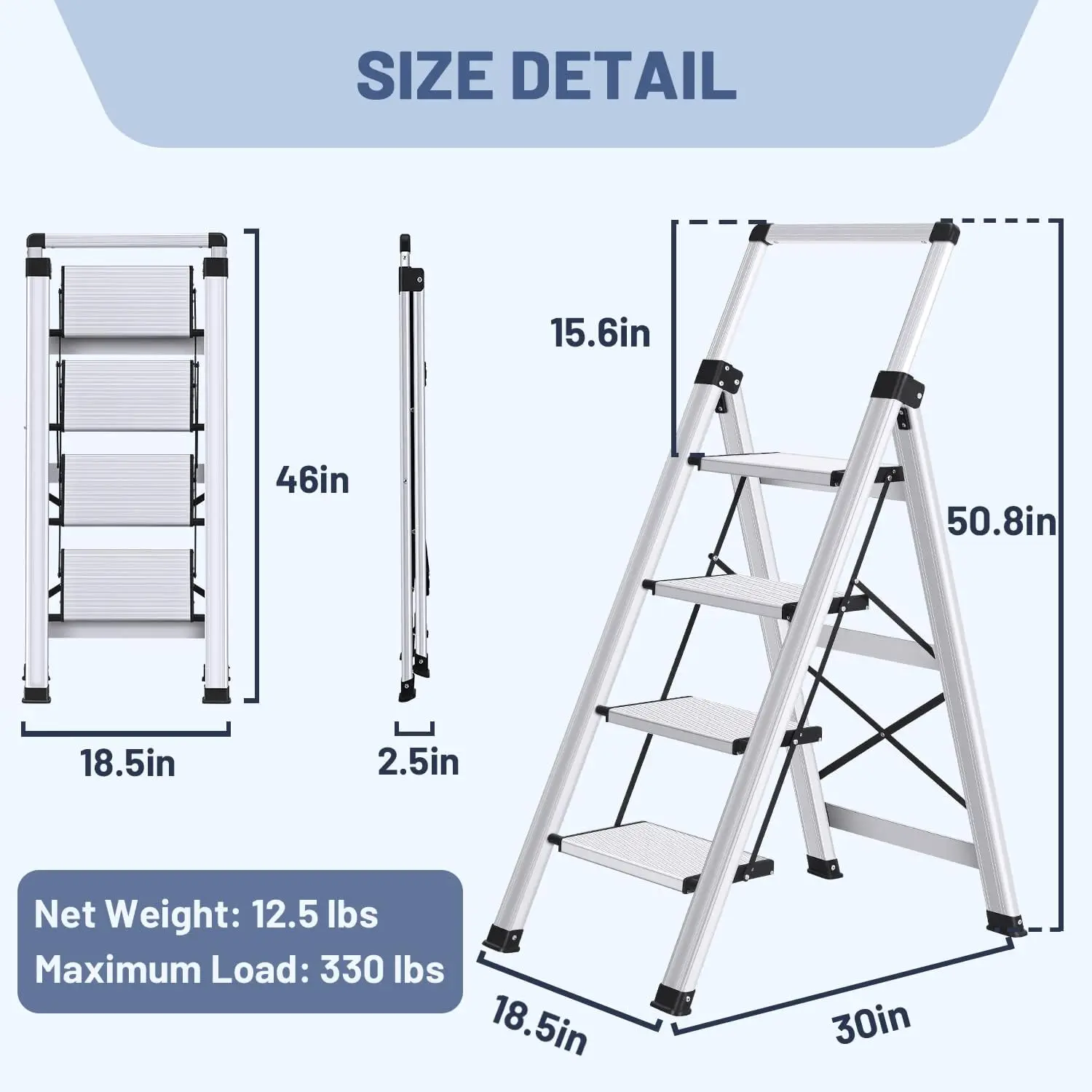 4 Step Ladder, Retractable Handgrip Folding Step Stool with Anti-Slip Wide Pedal, Aluminum Stool Ladders 4 Steps
