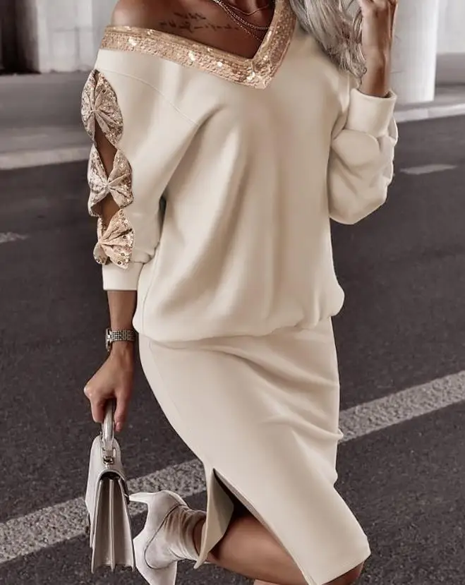 Women's Commuter Skirt Set 2024 Spring/summer Latest Casual V-Neck Contrast Sequin Bow Decor Long Sleevetop&split Hem Skirt Set zabrina jumpsuits overalls sexy v neck sparkly rompers long sleeve women s sequin lady one piece wide leg pants deep v bandage