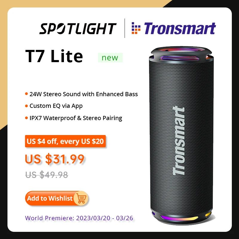 Tronsmart T7 Lite Bluetooth Speaker Enhanced Bass Portable Speaker With 24h Playtime, App Control, Ipx7 Waterproof For Camping - Speakers - AliExpress - Апрельский топ товаров с Али