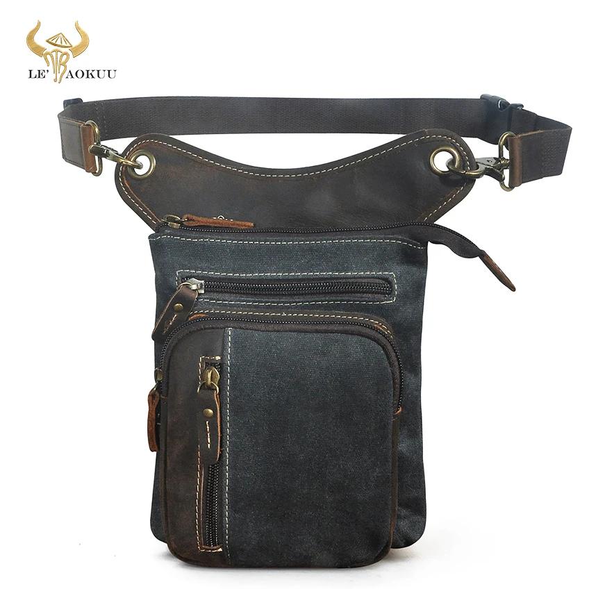 

Canvas+Real Quality Leather Men Design Classic Sling Pouch Bag Multi-function Travel Fanny Waist Belt Pack Leg Drop Bag 211-11