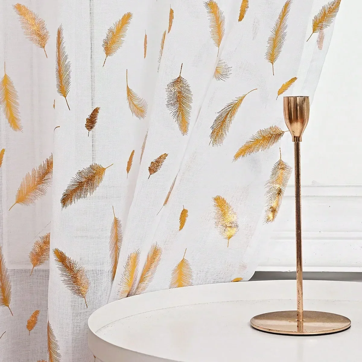 1pc Hot stamping Sheer Curtain, Gilded Feather Pattern Window Curtains for Room
