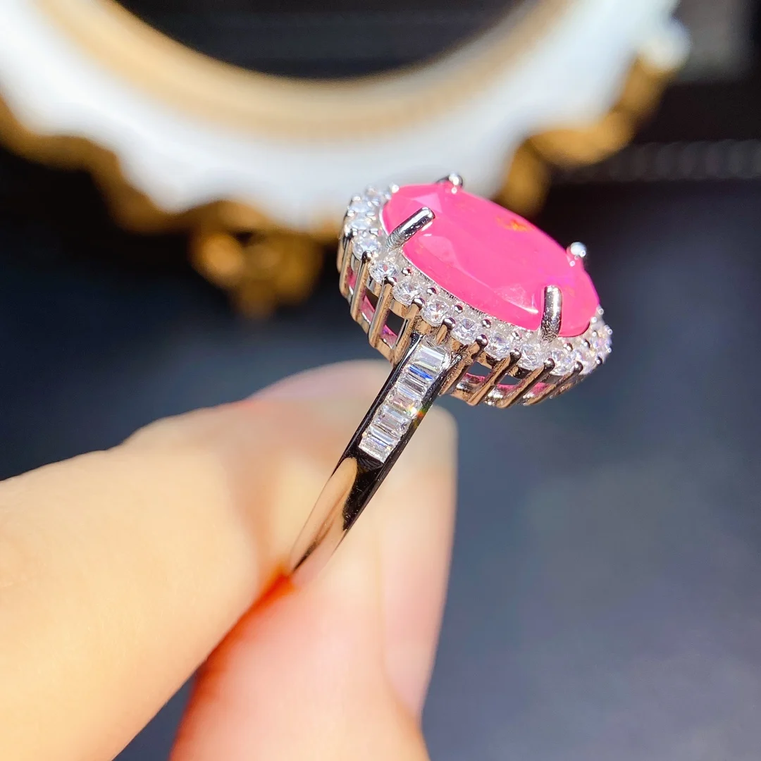 Oval Pink Opal Engagement Promise Ring Sterling Silver 925 Natural Opal Halo CZ Wedding Ring For Women Fine Jewelry