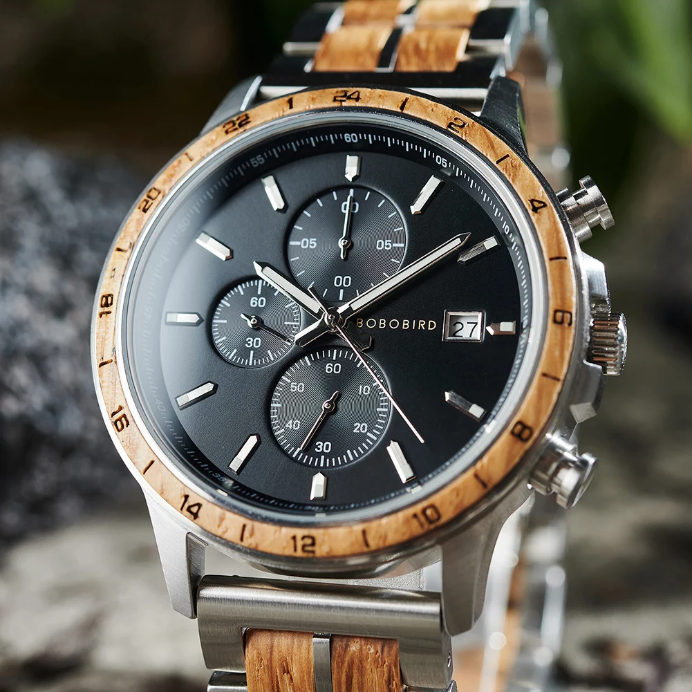 BOBO BIRD Men's Wooden Watch Japanese Movement New Top Fashion Quartz Wristwatch Chronograph Military Timepieces Custom Gift Box