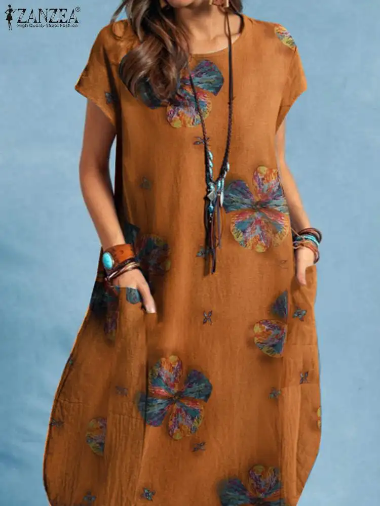 

ZANZEA Short Sleeve O-Neck Baggy Vestido Women Summer Floral Printed Dress Bohemian Casual Holiday Loose Beach Kaftan Sundress