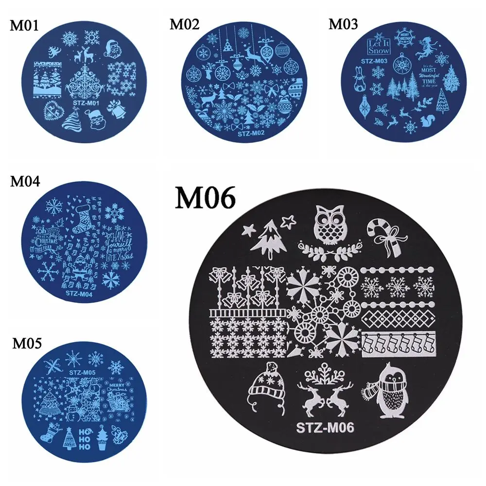 Beauty Stainless Steel Snow Flake Flower Elk Stamping Plates Round Nail Art Template Stamp Stencil Christmas 5