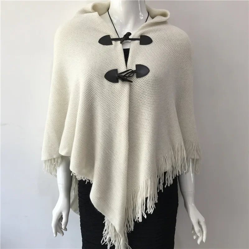 

Spring Autumn New Style Shawl Cape Tassel Ox Horn Buckle Solid Color Irregular Double-Layer Tassel Cloak Shawl Sunscreen Beige