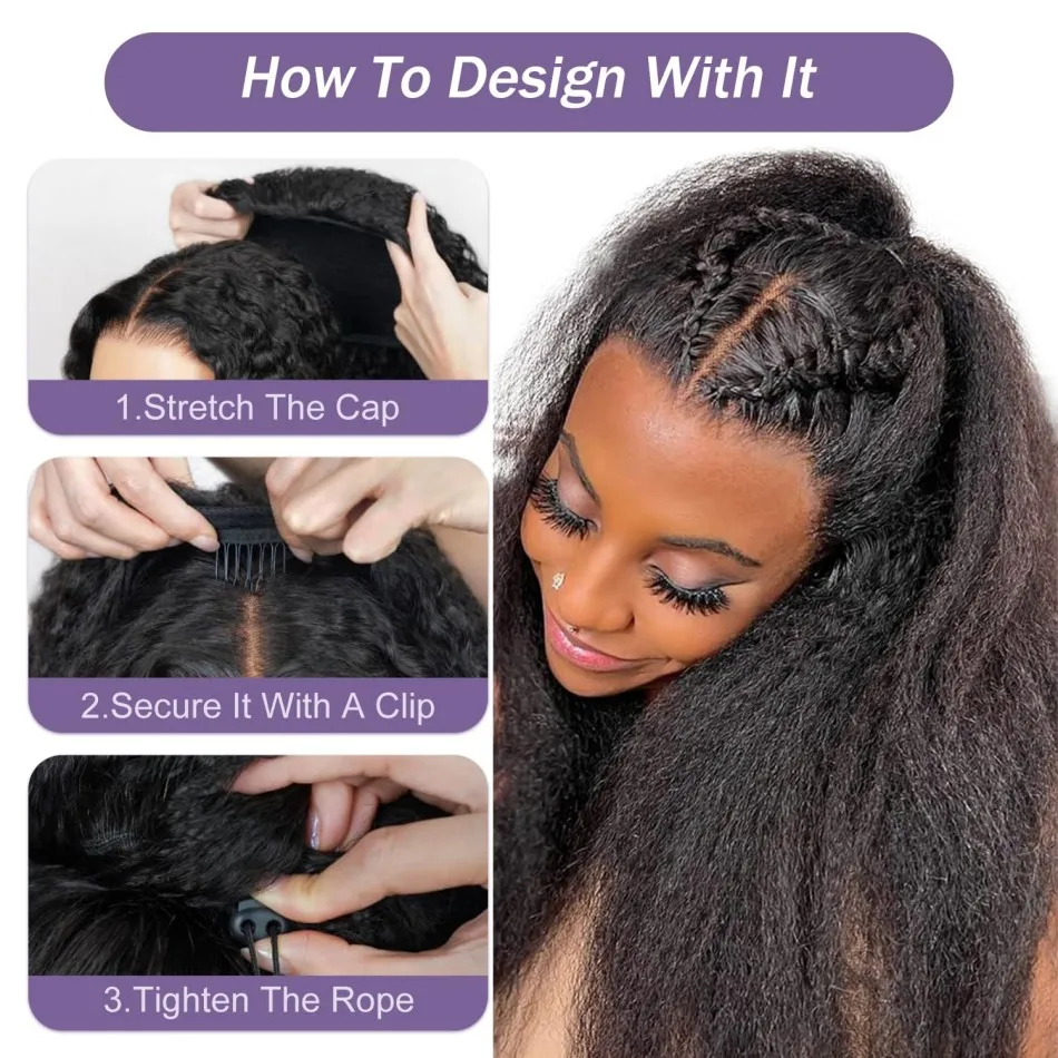 3 IN 1 Kinky Straight Half Wigs Ready to Wear Kinky Straight Half Wigs Human Hair Flip Over Wig Drawstring Glueless 250 Density 4