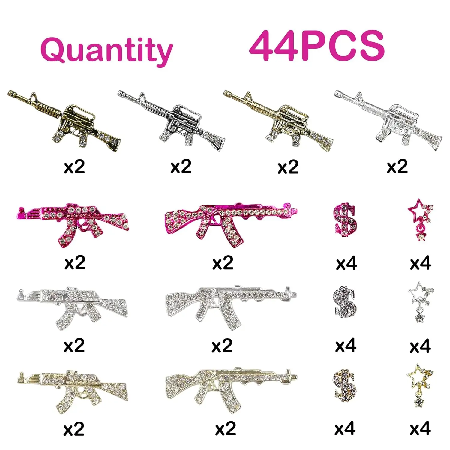 44PCS Alloy Gun Dollar Sign Star Nail Luxury Decor Gun Nail Charms Nail Art Rhinestone for Acrylic DIY Jewelry Nails Accessories 5