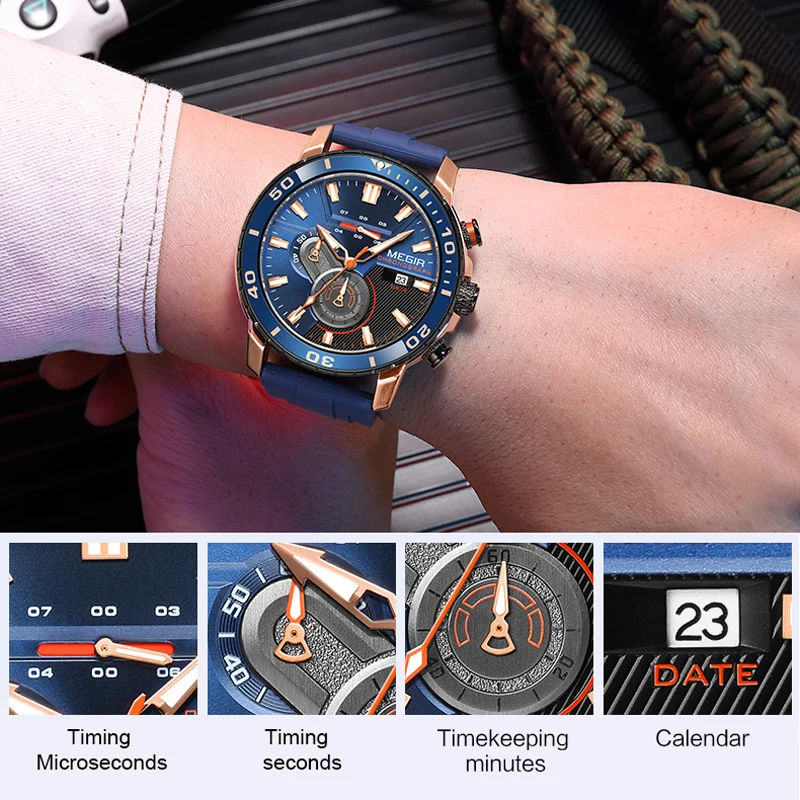 Men's Sport Chronograph Watch with Orange Silicone Strap - Fashionable Waterproof Wristwatch with Luminous Hands and Auto Date Function