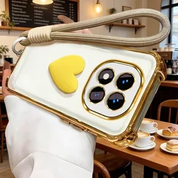 Custodia per telefono in silicone morbido con design 3D a cuore, trasparente e resistente agli urti, con laccetto.