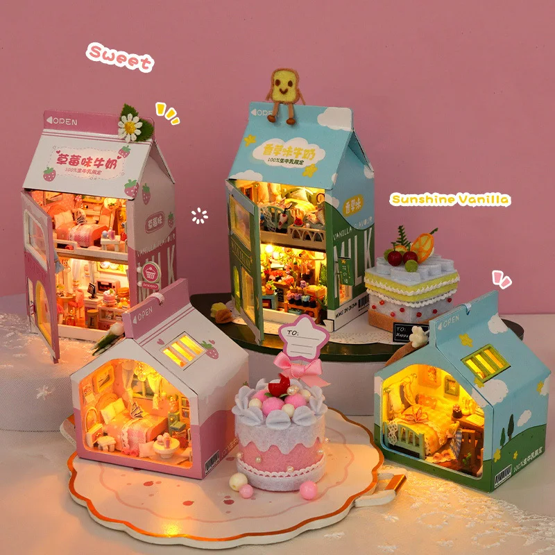 

Diy Wooden Mini Cake Strawberry Milk Casa Doll Houses Miniature Building Kit With Furniture Light Dollhouse Toys For Adults Gift