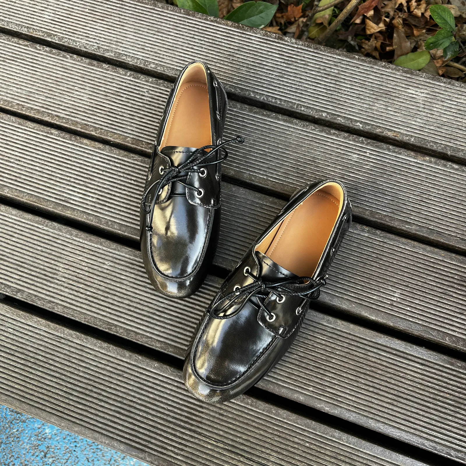 2025 Women shoes Cow Leather Spring Ballet Casual Loafers Lace Up Round Toe 34-41