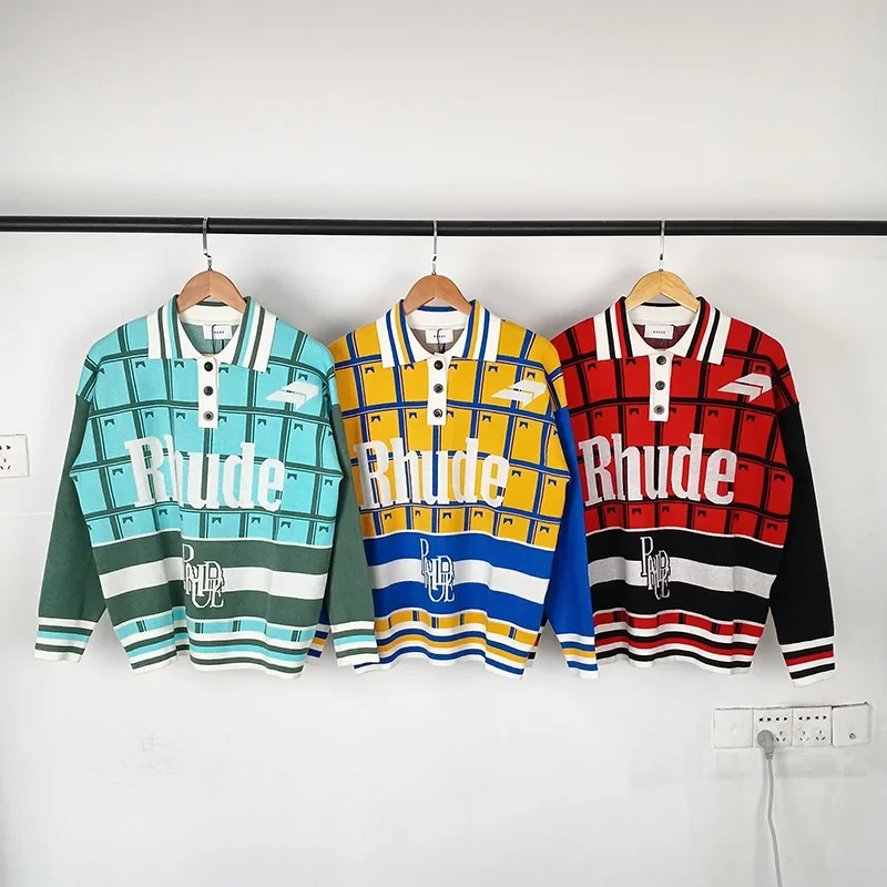 

2024 Newest RHUDE Checkered Sweater Casual All-match Keep Warm Men's And Women's Autumn Winter Outdoor Lapel Streetwear