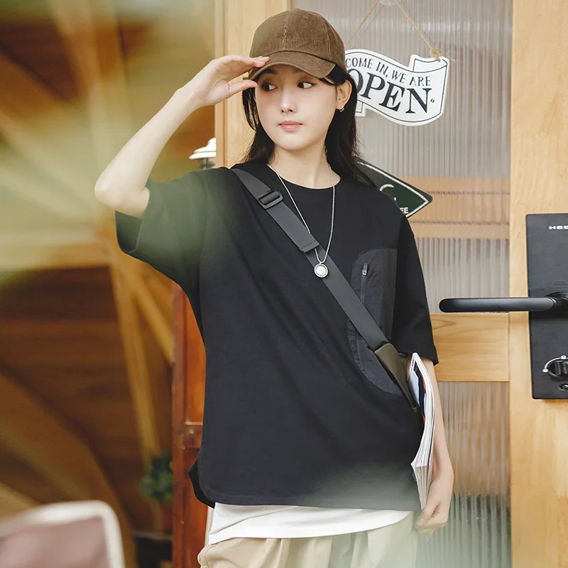 Maden-남녀공용 풀오버 아메리칸 레트로 코튼 티셔츠, 라운드넥, 기능성 포켓 지퍼, 반소매 탑, 캐주얼 티셔츠, 2023