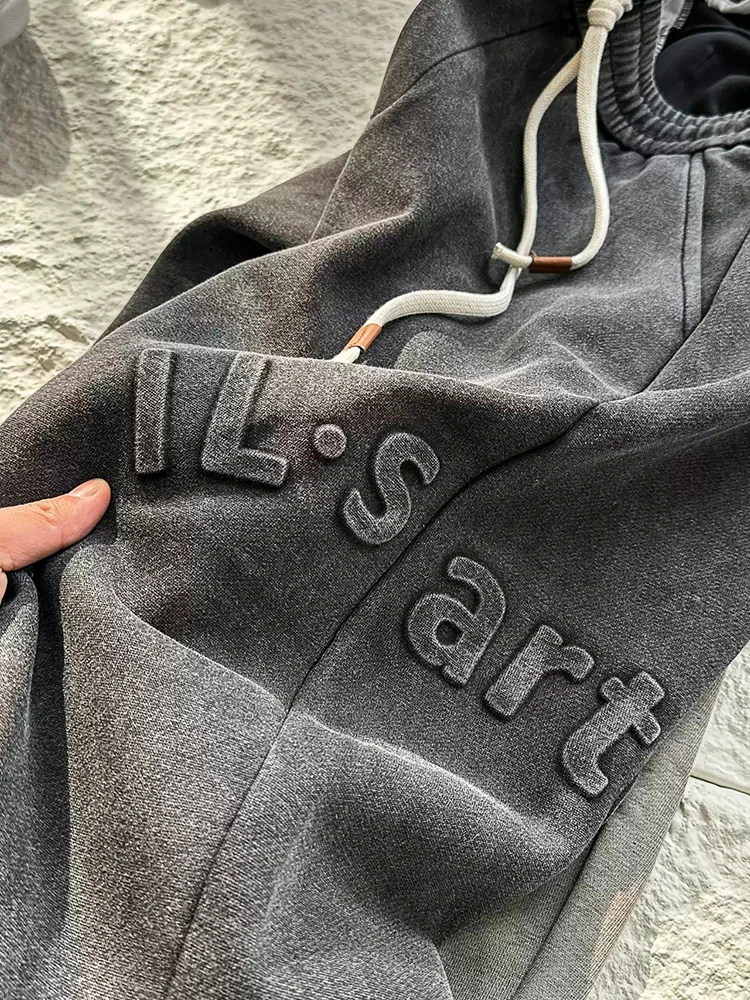 Men's Washed Jogger Pants 320G Knitted Cotton Retro High Street Heavyweight Baggy Sweatpants Ankle-Length Casual Letter Joggers