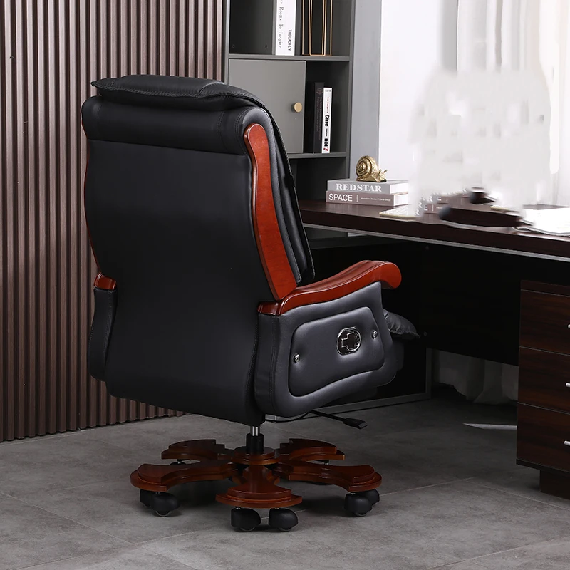 Leather Chair First Layer Cowhide Large Business Reclining Office Chair Solid Wood Massage Chaises De Bureau Lounge Furniture 3