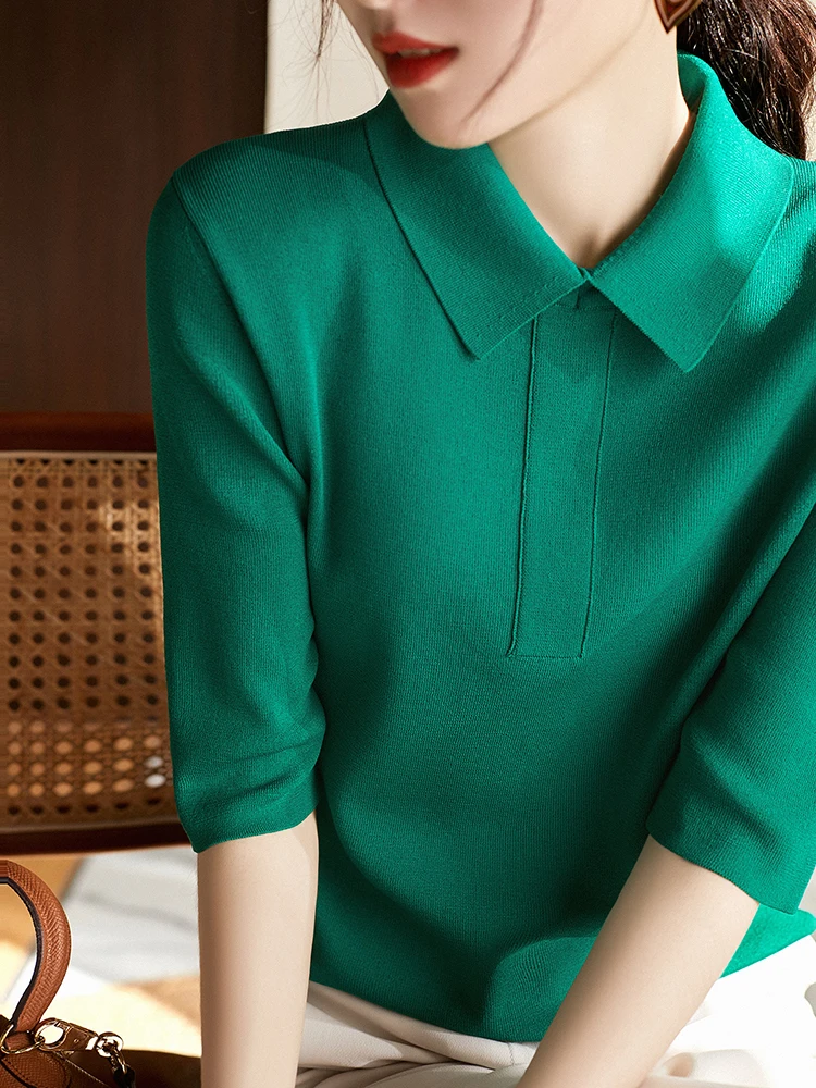 

2022 Summer T Shirt Women Knitted Tshirt Turn-down Collar Top Ladies T Shirts Vintage Clothes Short Sleeve Tees Tee Shirt Femme
