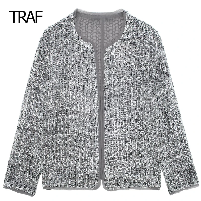 

TRAF Women Coat Spring 2024 Sequins Cardigan Cropped O-Neck Long Sleeves Jacket New In Coats Designer Outerwears Women Luxury