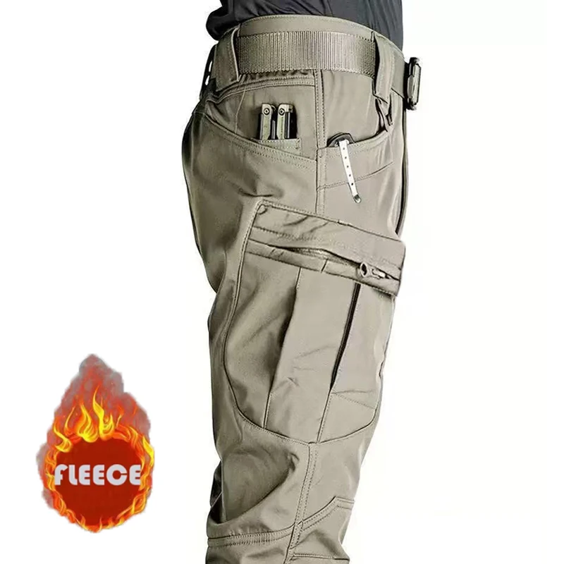 Men's Winter Autumn Softshell Fleece Tactical Pants Military Combat Waterproof Thermal Hiking Camping Climbing Hunting Trousers